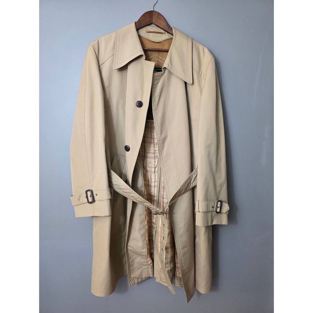 Vintage Westbury Diolen Trench Coat Tan Plaid Lined Belted Overcoat Mens L